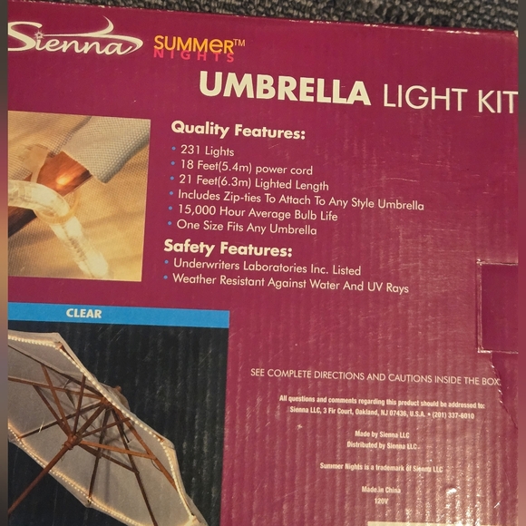 NIB Sienna Patio Umbrella Light Kit. Easy To Install And Has 18' Power Cord. - Picture 2 of 3
